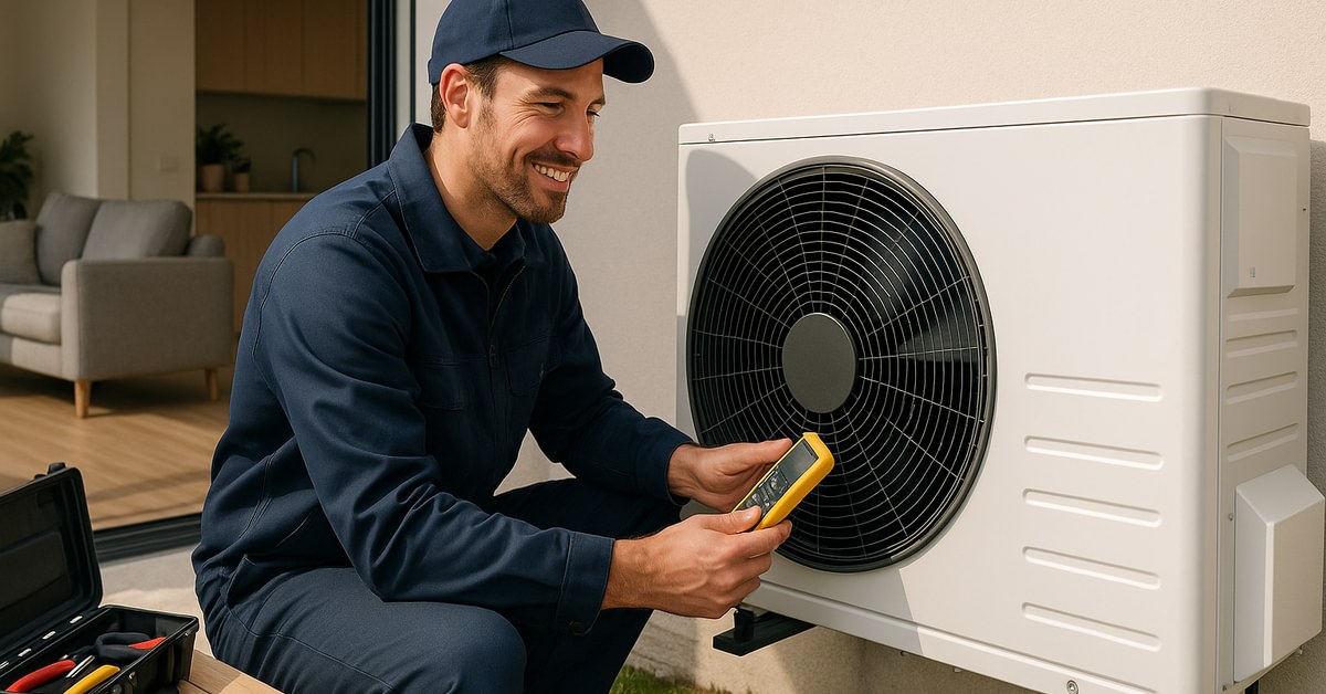 Technicien vérifiant une pompe à chaleur dans une maison.