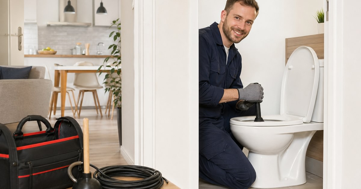 Salle de bain avec des toilettes bouchées et une ventouse
