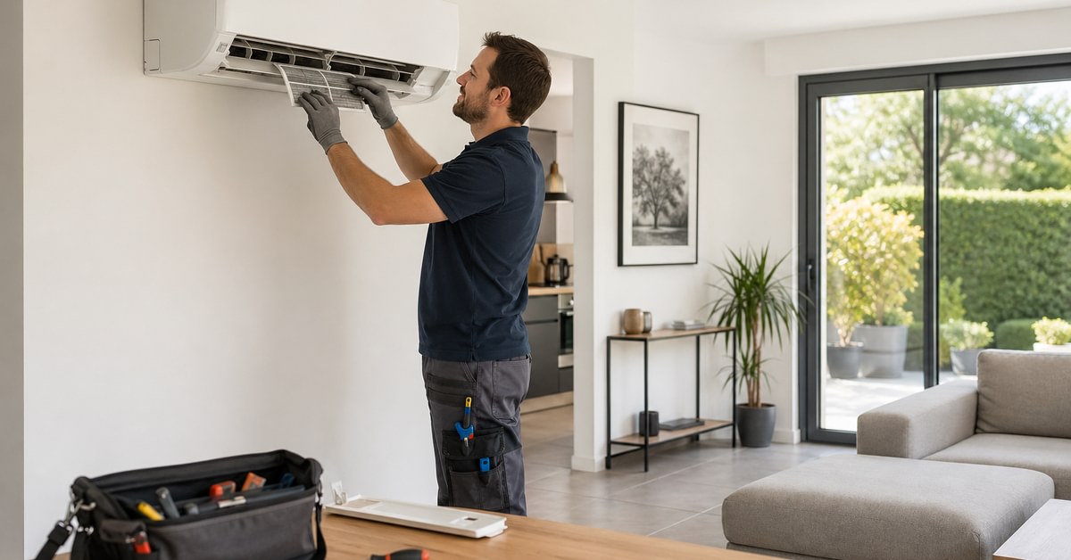 Technicien en train de réparer un système de climatisation