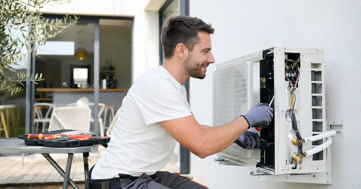Technicien en train de faire l'entretien d'une climatisation