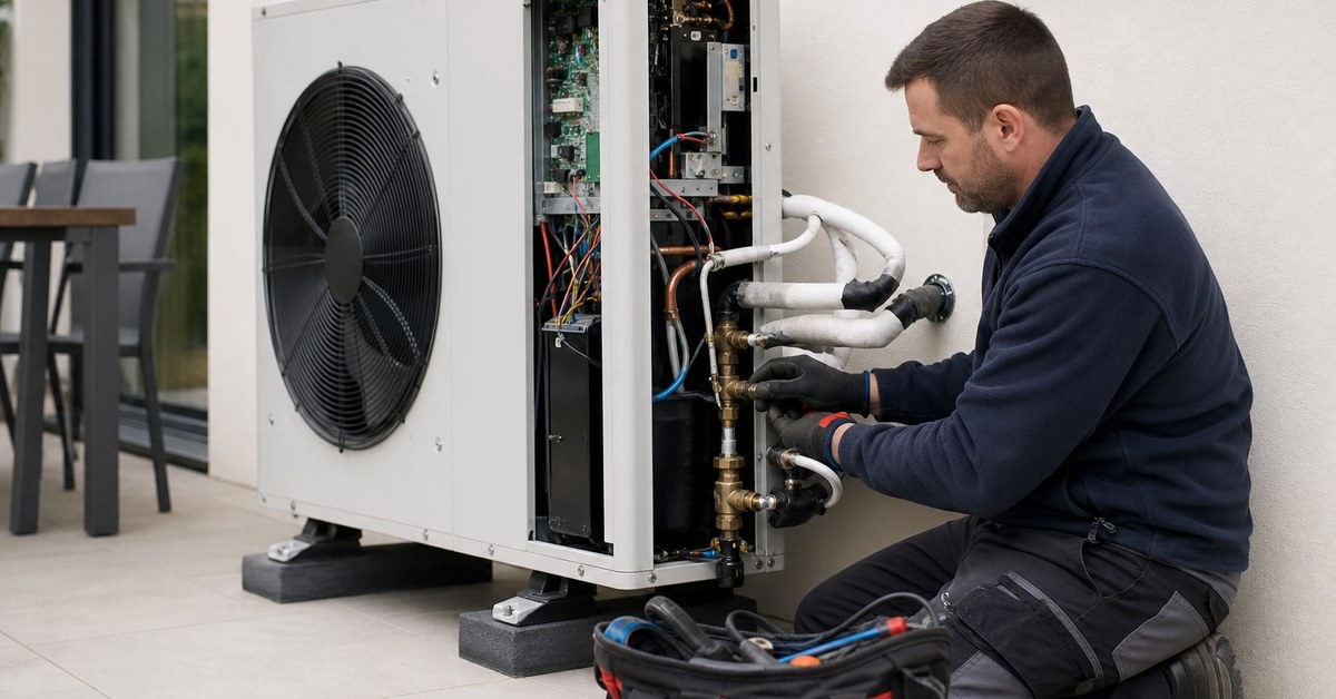 Pompe à chaleur mal installée avec signes visibles de dysfonctionnement