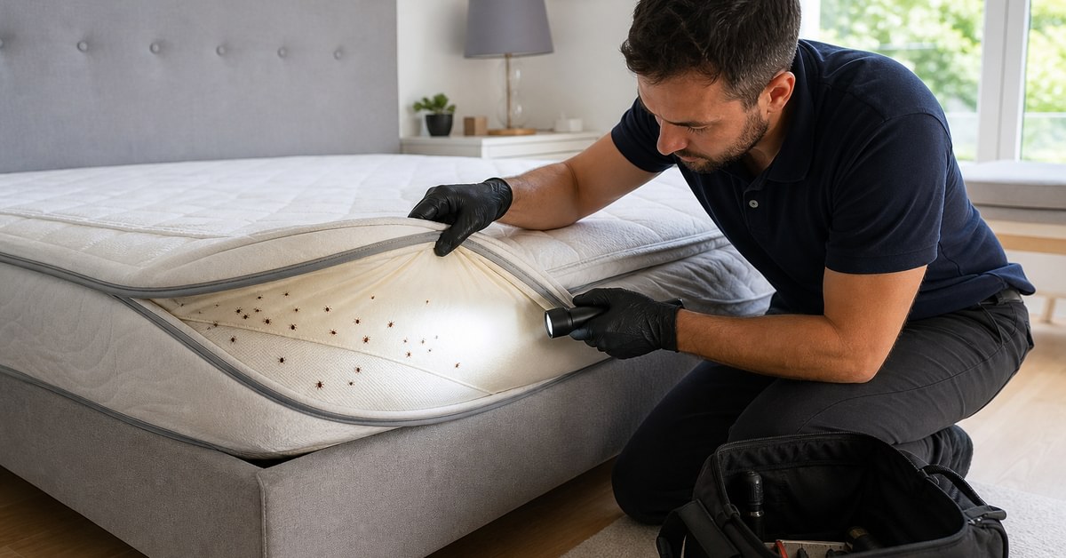 Chambre avec infestation de punaises de lit en cours d'inspection