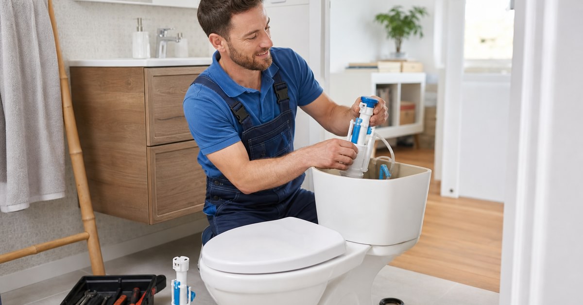 Plombier remplaçant un mécanisme de chasse d'eau dans des toilettes
