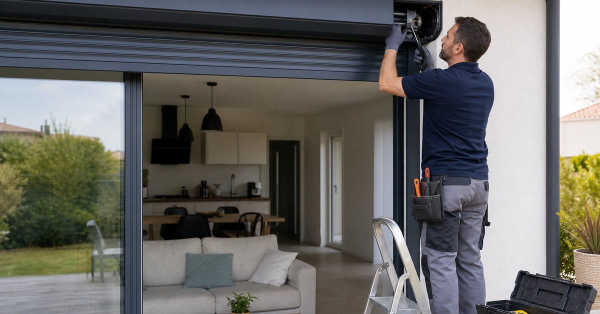 Technicien réparant un volet roulant électrique