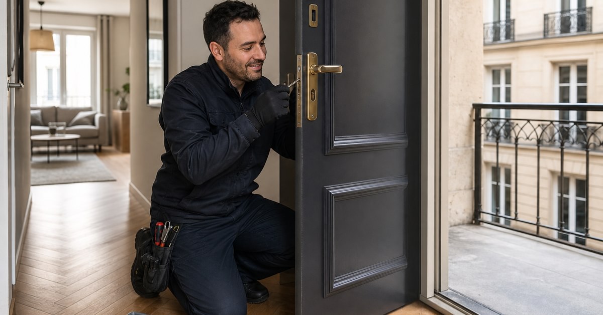 Serrurier en intervention sur une porte d'appartement en Île‑de‑France