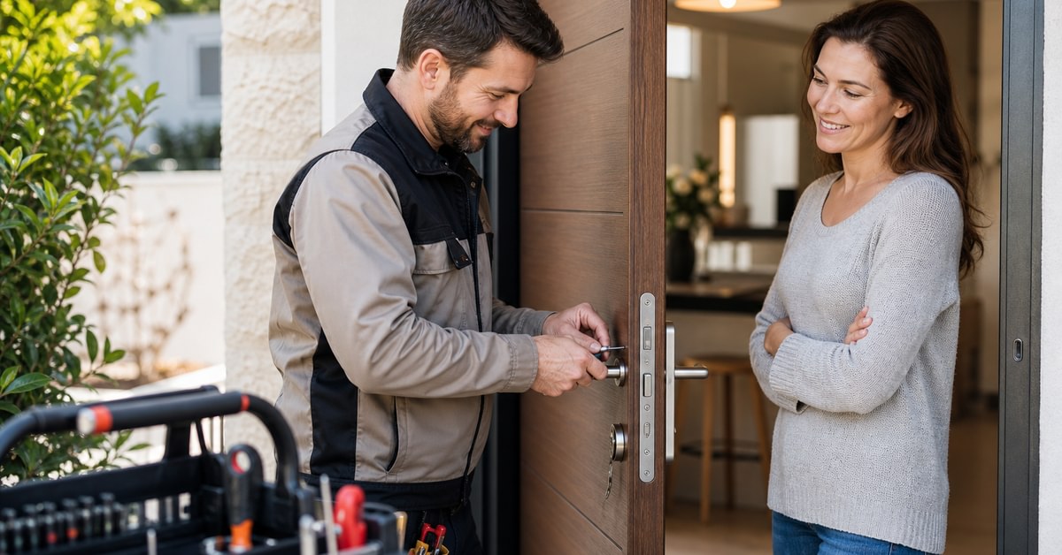 Serrurier intervenant pour ouverture de porte sans casse, vue sur serrure et outils professionnels
