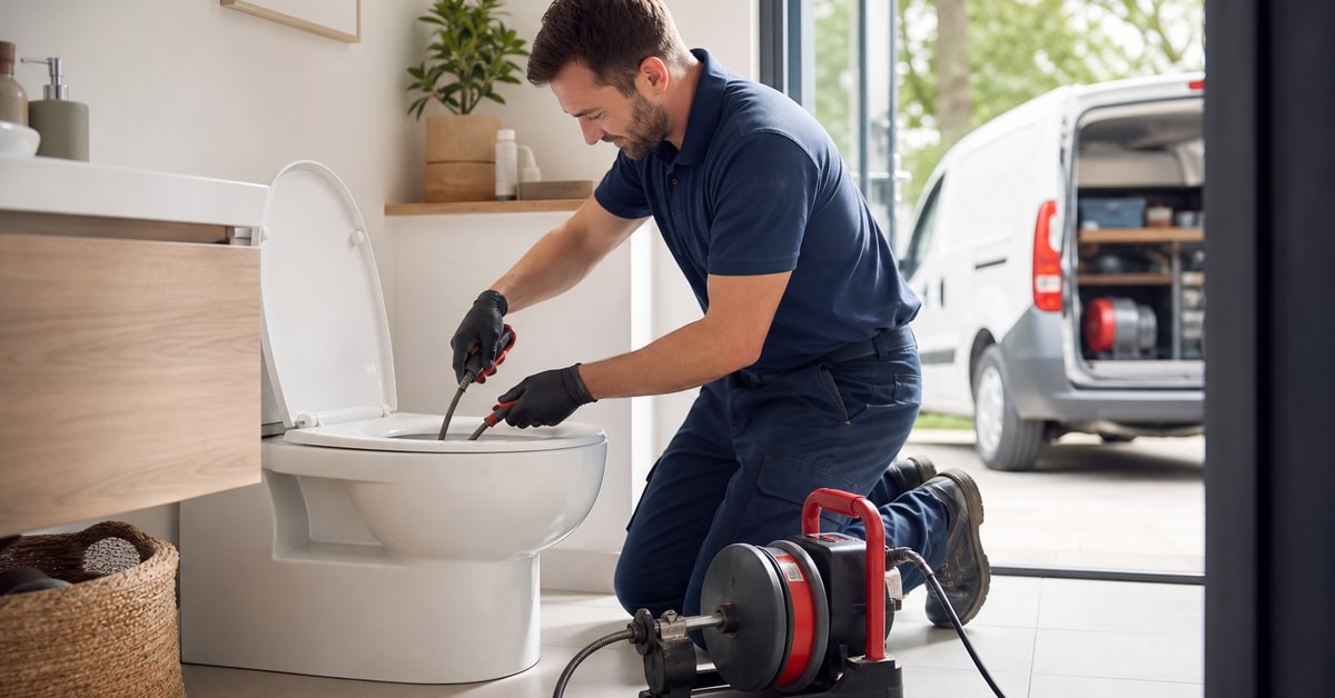 Plombier en intervention pour débouchage d'un WC avec furet électrique et caméra d'inspection