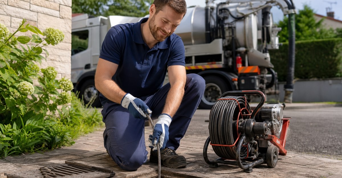 Camion hydrocureur effectuant un hydrocurage sur une canalisation enterrée en zone résidentielle