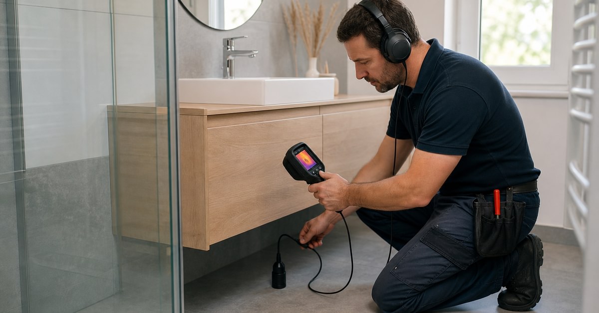 Technicien utilisant détecteur de fuite acoustique et caméra thermique dans une salle de bains