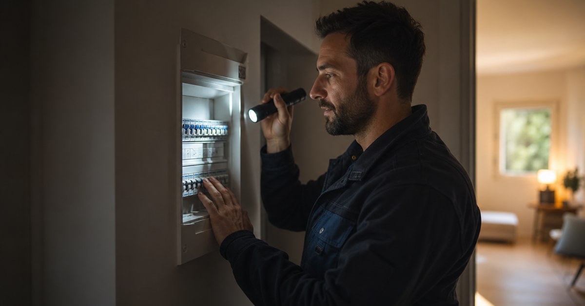 Électricien inspectant un tableau électrique dans une pièce sombre