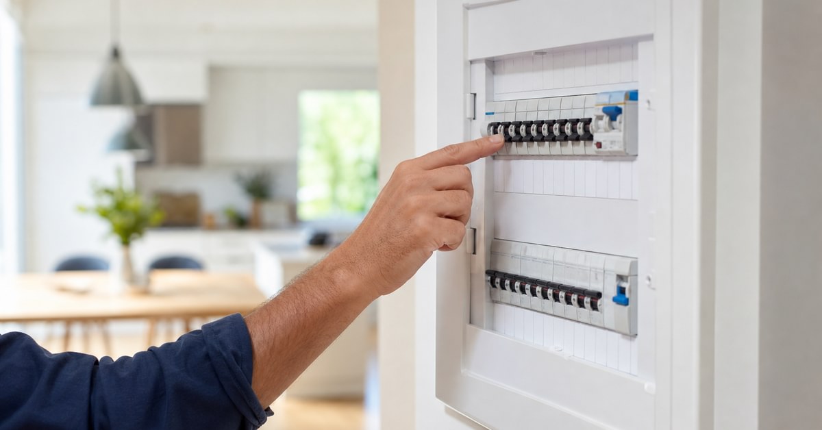 Tableau électrique résidentiel avec disjoncteurs, bornes et électricien inspectant un module