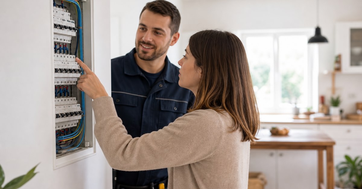 Main d’électricien devant un tableau électrique résidentiel