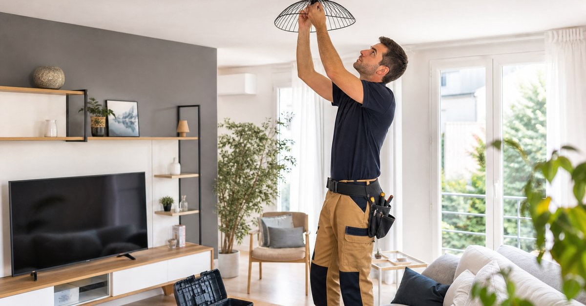 Pièce sombre avec suspension non allumée et lampe d'appoint