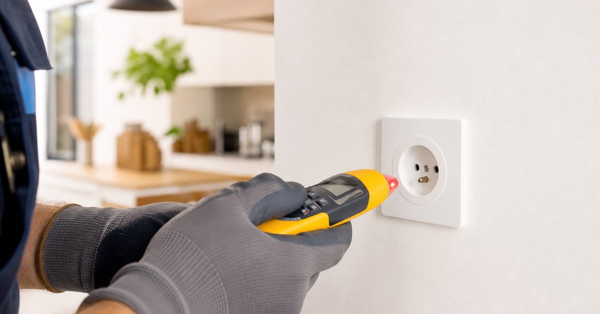 Inspection d'une prise électrique par un électricien avec thermomètre