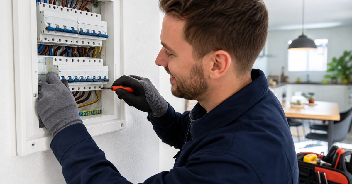 Tableau électrique ouvert avec disjoncteurs, photo d’un module et d’un électricien prenant des mesures