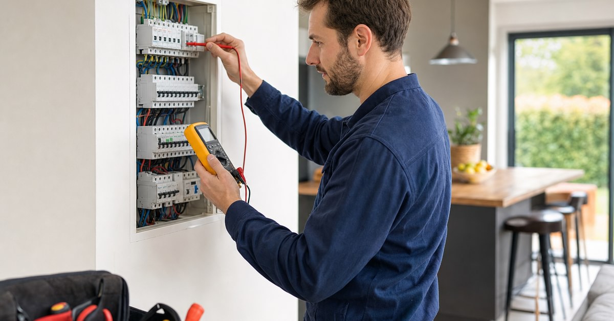 Électricien examinant un tableau électrique avec multimètre