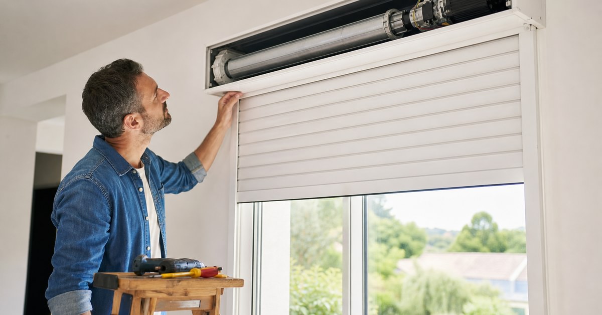 Technicien vérifiant un moteur tubulaire de volet roulant électrique dans un coffre, outils et manivelle à côté