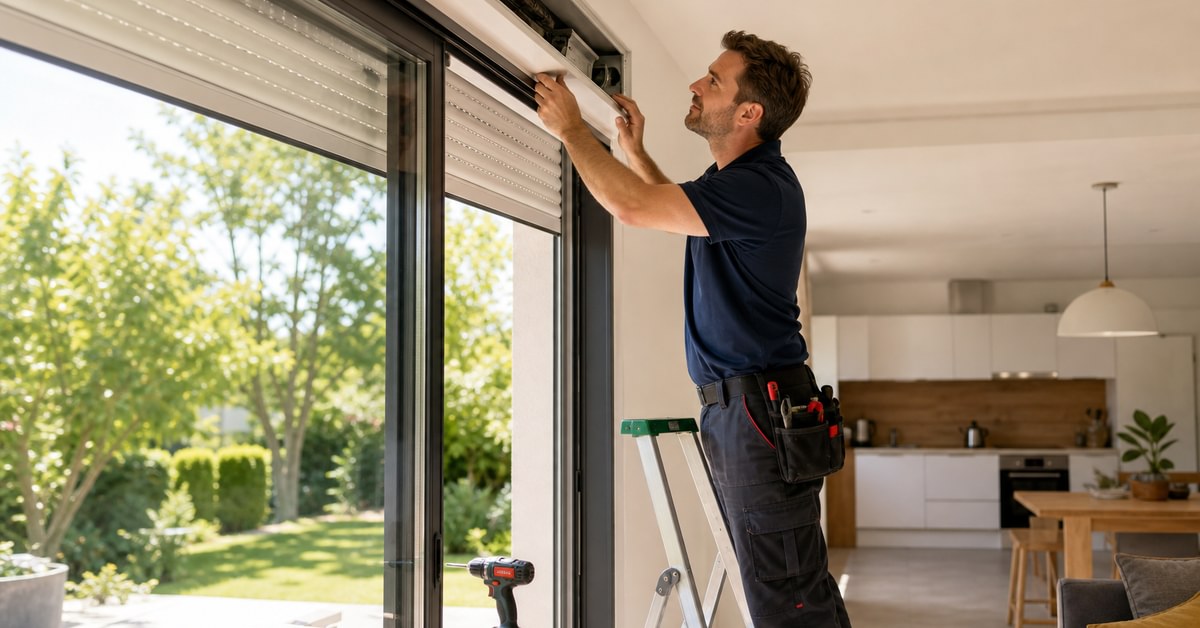 Technicien inspectant un moteur de volet roulant électrique depuis l'intérieur