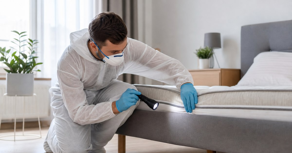 Technicien traitant un matelas contre les punaises de lit avec équipement professionnel