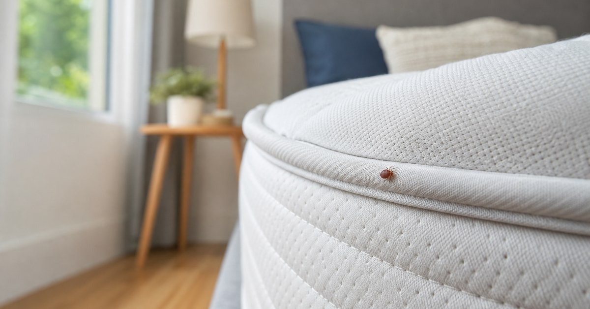 Couture de matelas avec taches d'excréments et petite punaise de lit pour repérage