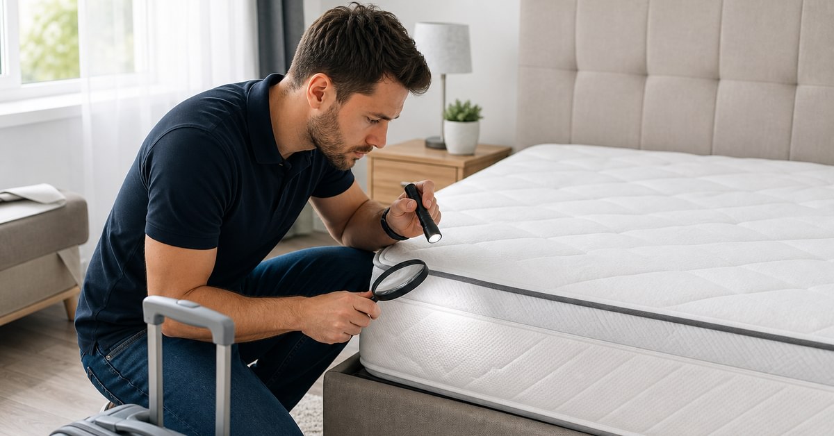 Inspection d'un matelas avec lampe torche pour détecter punaises de lit
