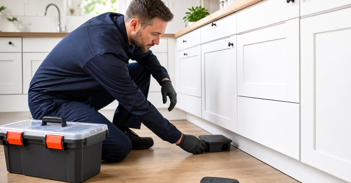 Technicien effectuant un traitement anti-cafards avec gel-appât sous une plinthe de cuisine