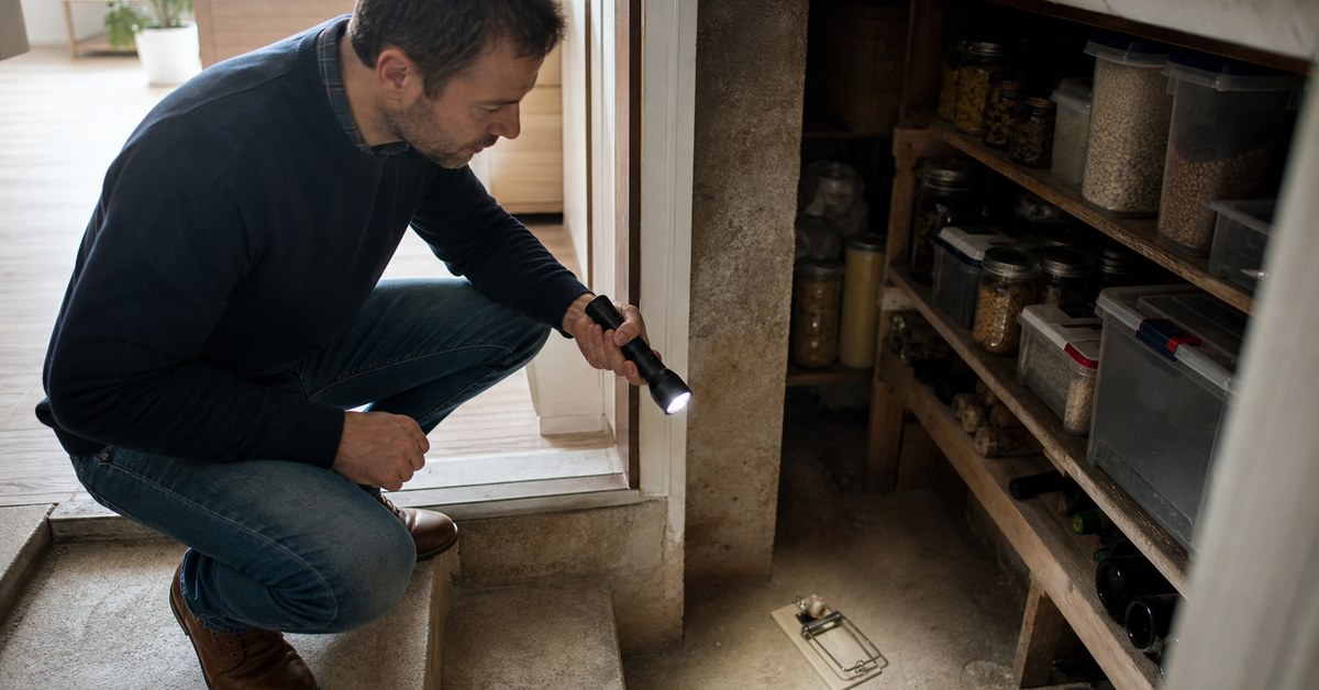 Cave avec étagères, traces de rongement et nids indiquant présence de rats