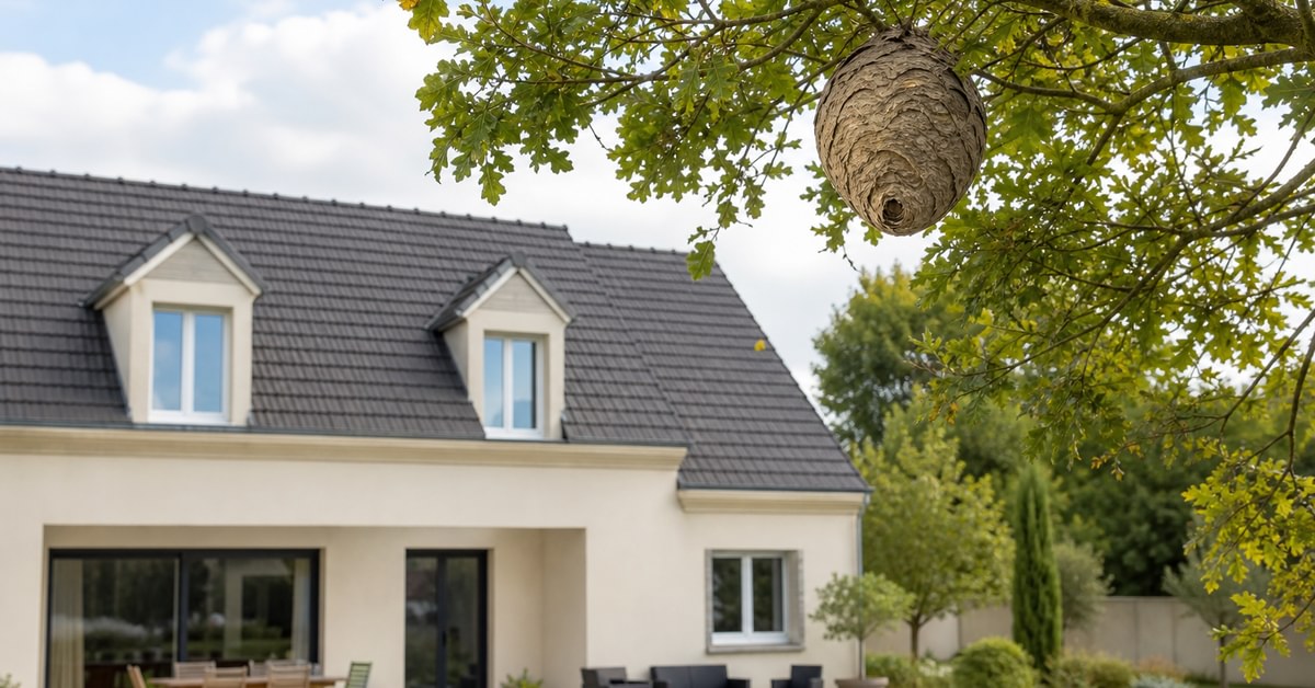 Nid de frelon asiatique sous un faîtage d'une maison, frelons en vol