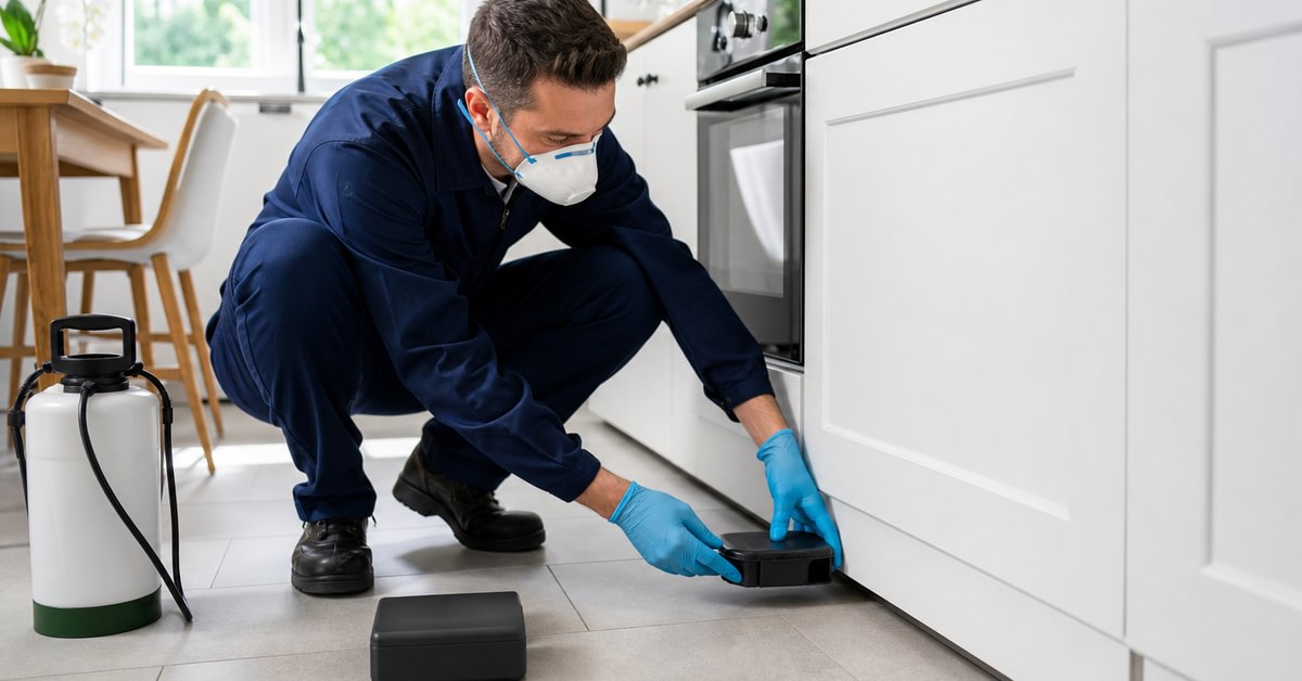 Dératisation : technicien posant postes d'appâtage dans une cuisine