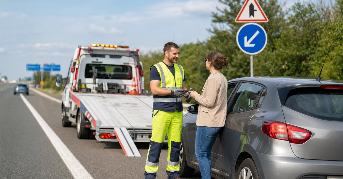 Dépanneuse plateau remorquant une voiture en zone urbaine au crépuscule