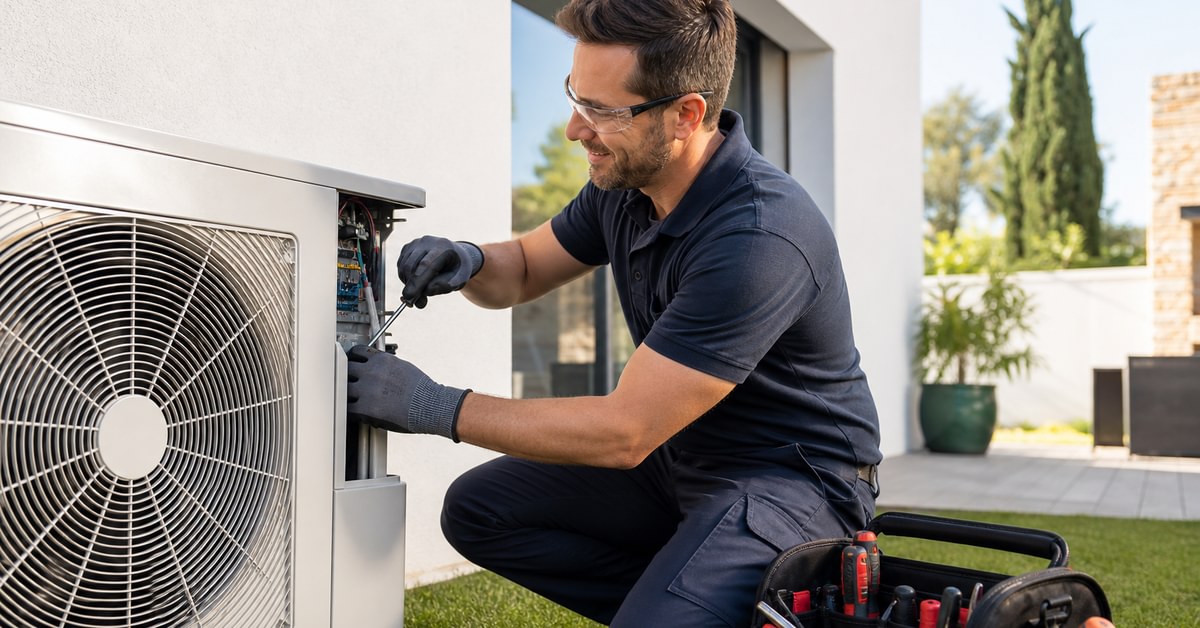 Technicien effectuant un diagnostic de climatisation split extérieur avec jauges de pression et détecteur de fuite