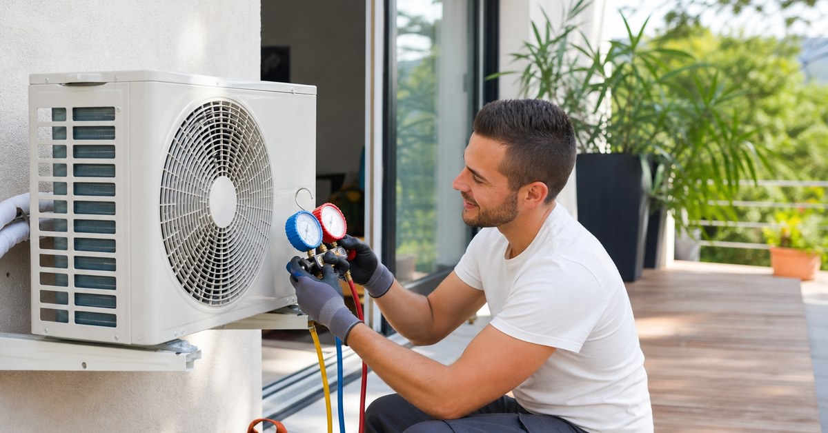 Technicien mesurant pression et pesant fluide pour recharger climatisation split unité extérieure