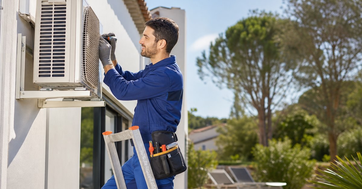Technicien entretenant un split extérieur de climatisation avec manomètres sur les durites