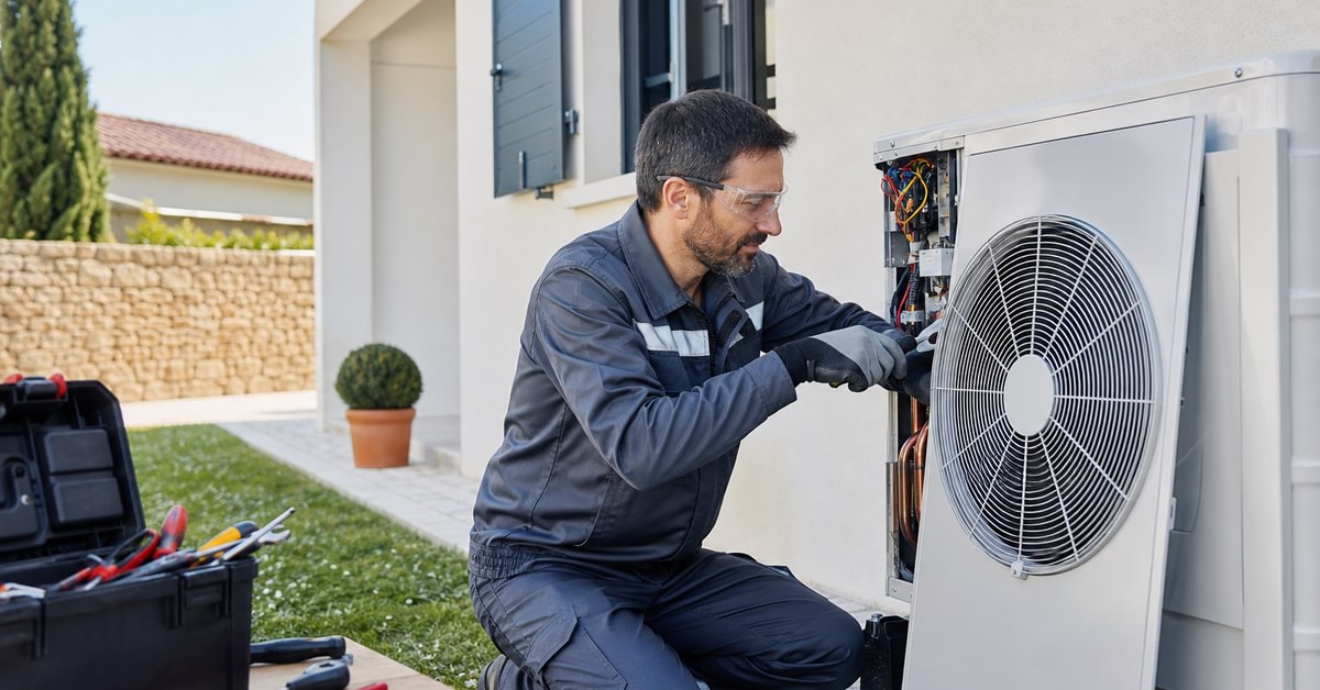 Technicien réparant une pompe à chaleur extérieure avec outils et manomètres