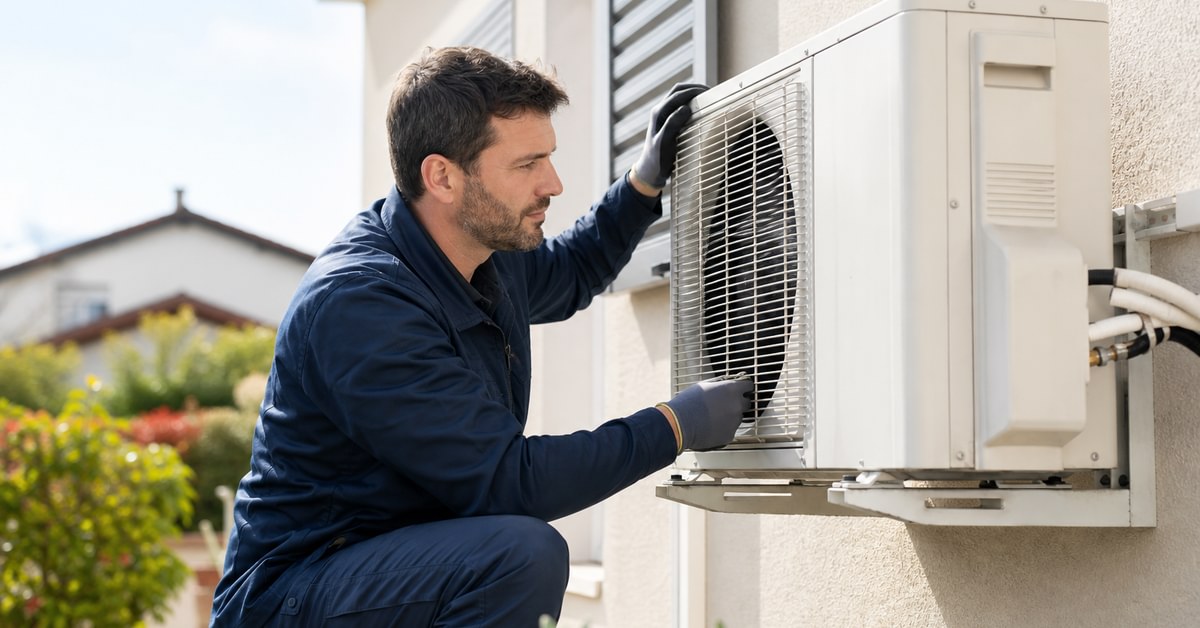 Unité extérieure de climatisation sur balcon avec vibrations visibles et feuilles autour