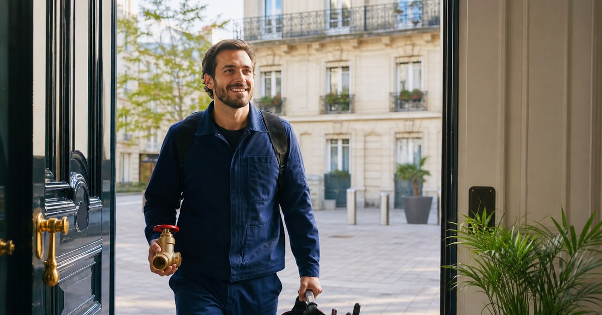 Plombier arrivant devant un immeuble à Boulogne-Billancourt avec son matériel