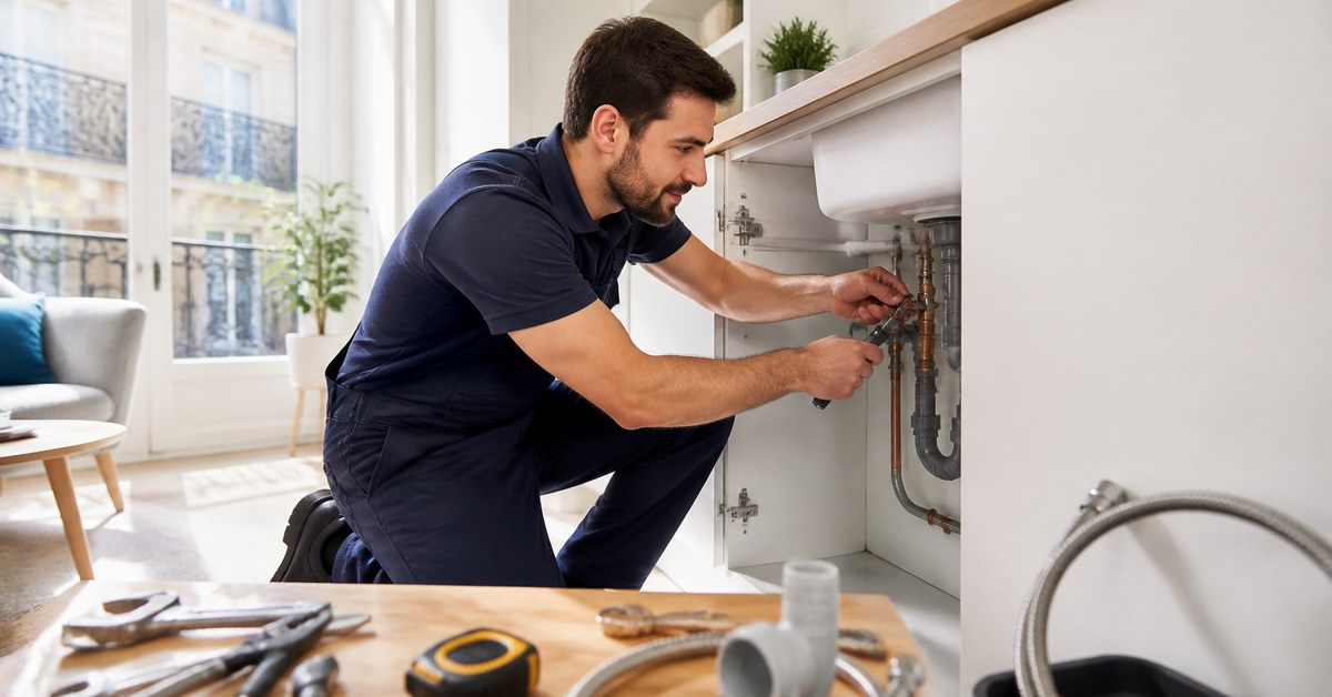 Plombier réparant des tuyaux dans un appartement à Boulogne-Billancourt